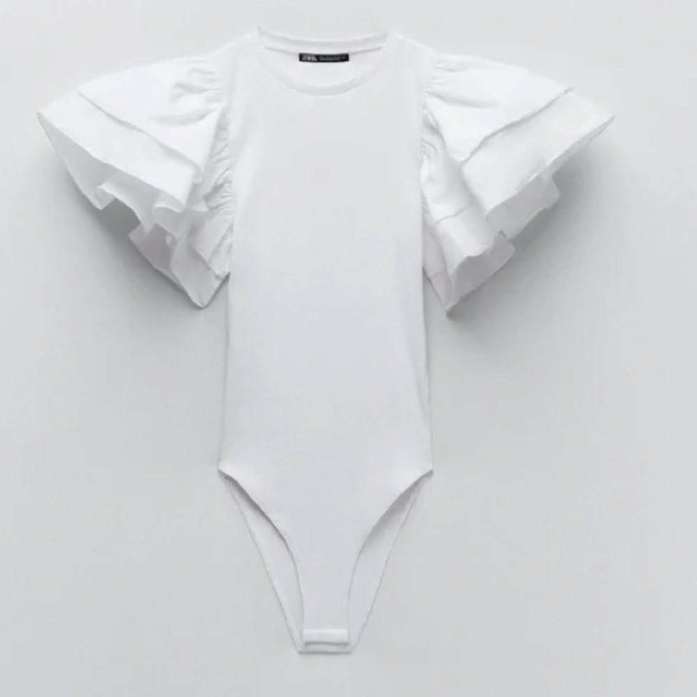 Zara White Puff Sleeve Body Suit Size Small